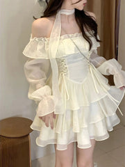 Hnewly Long Sleeve Elegant Mini Dress Lolita Pure Color Short Party Dress Woman Casual Spring Sweet One Piece Dress Korean Fashion
