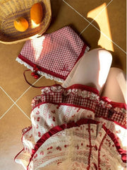 Lunivop  Vintage Fresh Prairie Chic 2 Piece Set Women Slim Floral Doll Collar Puff Sleeve Top + High Waist Plaid Skirt Sweet Party Outfit