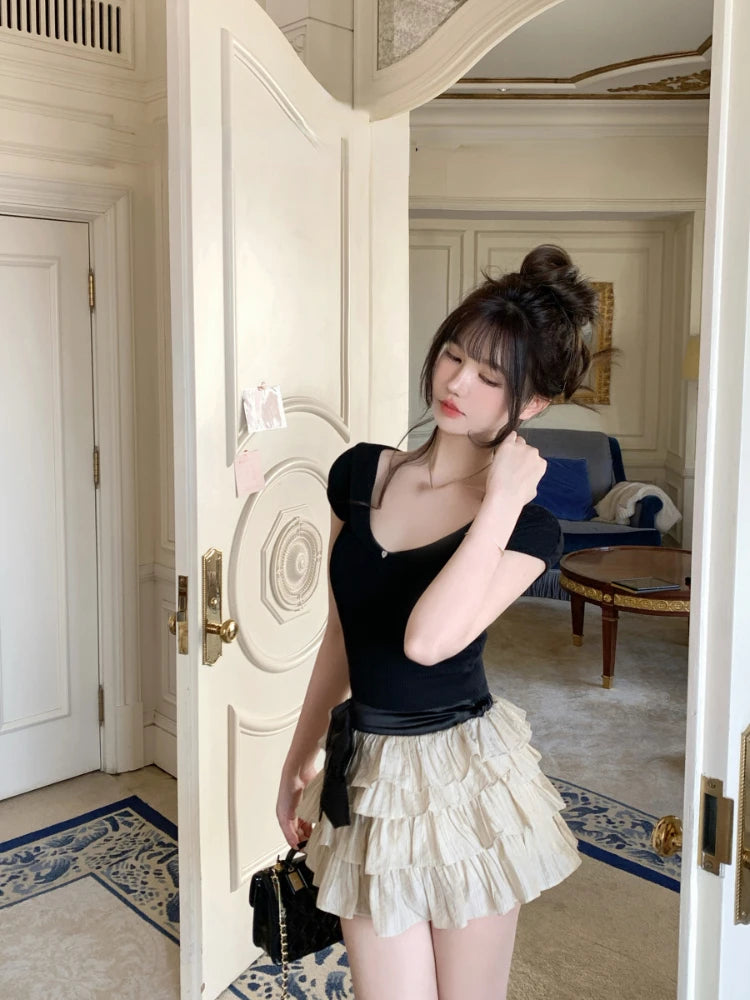 Hnewly Chiffon 2 Piece Skirts Sets Outwear Casual Y2k Crop Tops Sleeveless + Mini Skirts Korean Fashion Suits 2000s Vintage Clothing