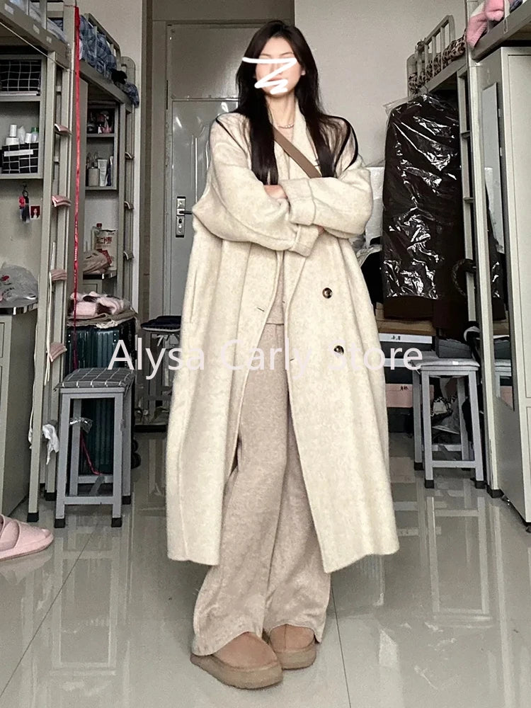 Hnewly Winter Korean Long Woollen Coat Women Double Breasted Chic Warm Loose Casual Coat Female Fashion Office Lady Trench Jackets
