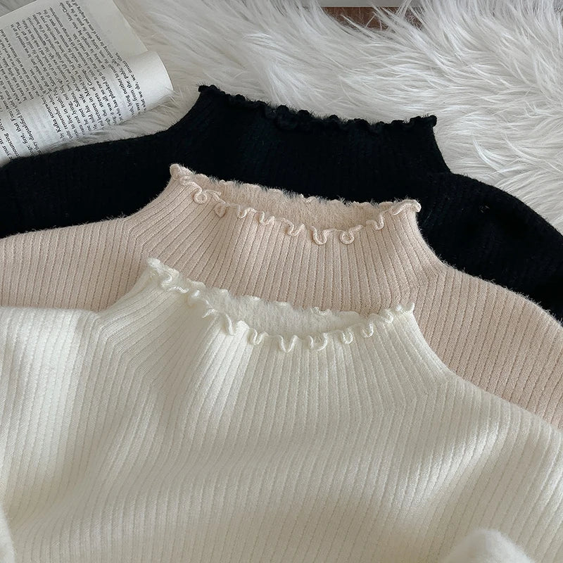 Hnewly  Lace Edge Half High Collar Sweater Autumn Winter New Women's Long Sleeve Top Warm Solid Color Slim Basic Knit Pullover