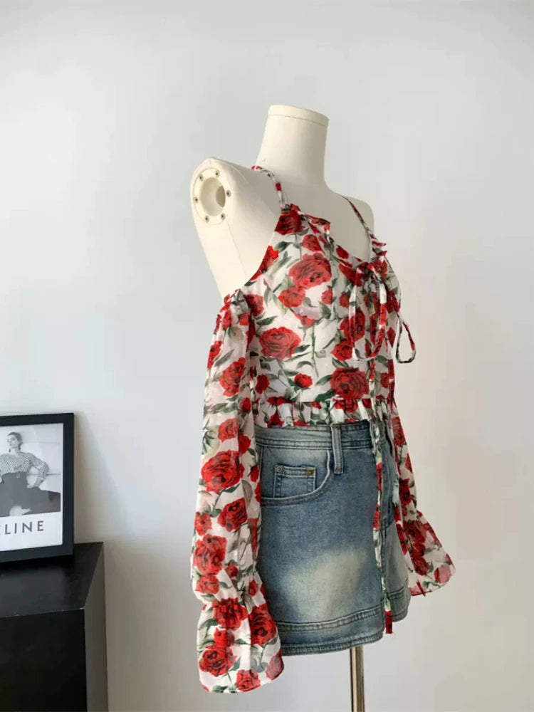 Hnewly Summer French Vintage Vest Office Lady Y2k Crop Top Women Design Casual Sexy V-Neck Sexy Floral Blouse Outwear Korean