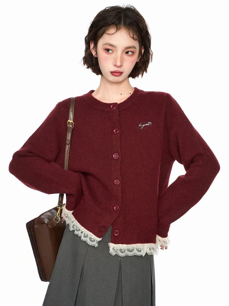 Hnewly Lace Patchwork Retro Cardigan Women Streetwear Long Sleeve O Neck Knitted Sweaters American Casual Letter Vintage Fall Tops