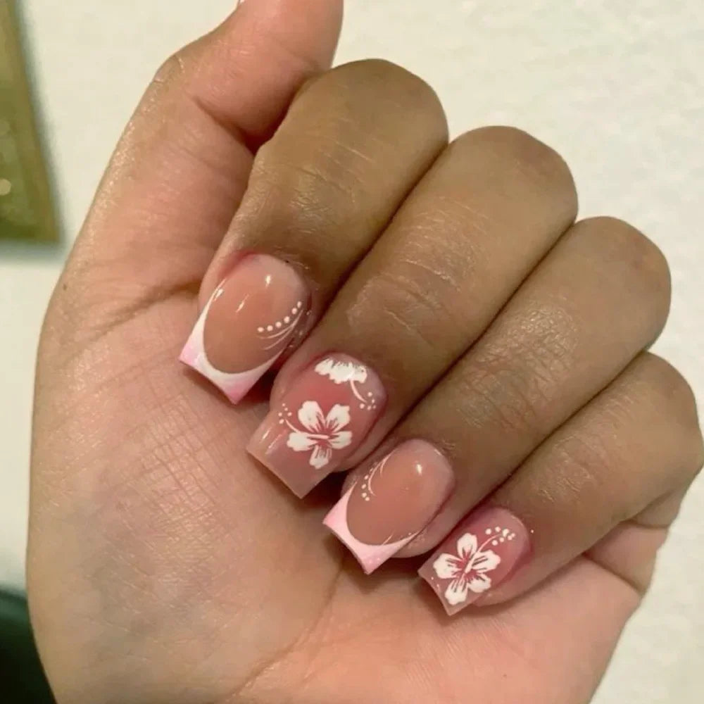 Hnewly 24pcs Short Square Head French Ballet Nails White Edge Flower Fake Nails with Glue Wearable Full Cover Press on Nails Tip Art