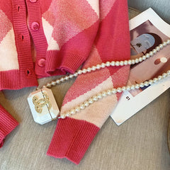 Hnewly  Pink Sweater Women's Spring Autumn French Vintage Knitted Cardigan Top Long Sleeve O-Neck Single Breasted Versatile Coat
