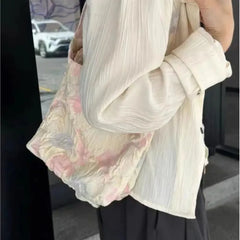 Hnewly  Retro Oil Painting Tulip Shoulder Bag Women Floral Crinkled Large Capacity Canvas Bag Ladies Artistic Elegant Underarm Bags