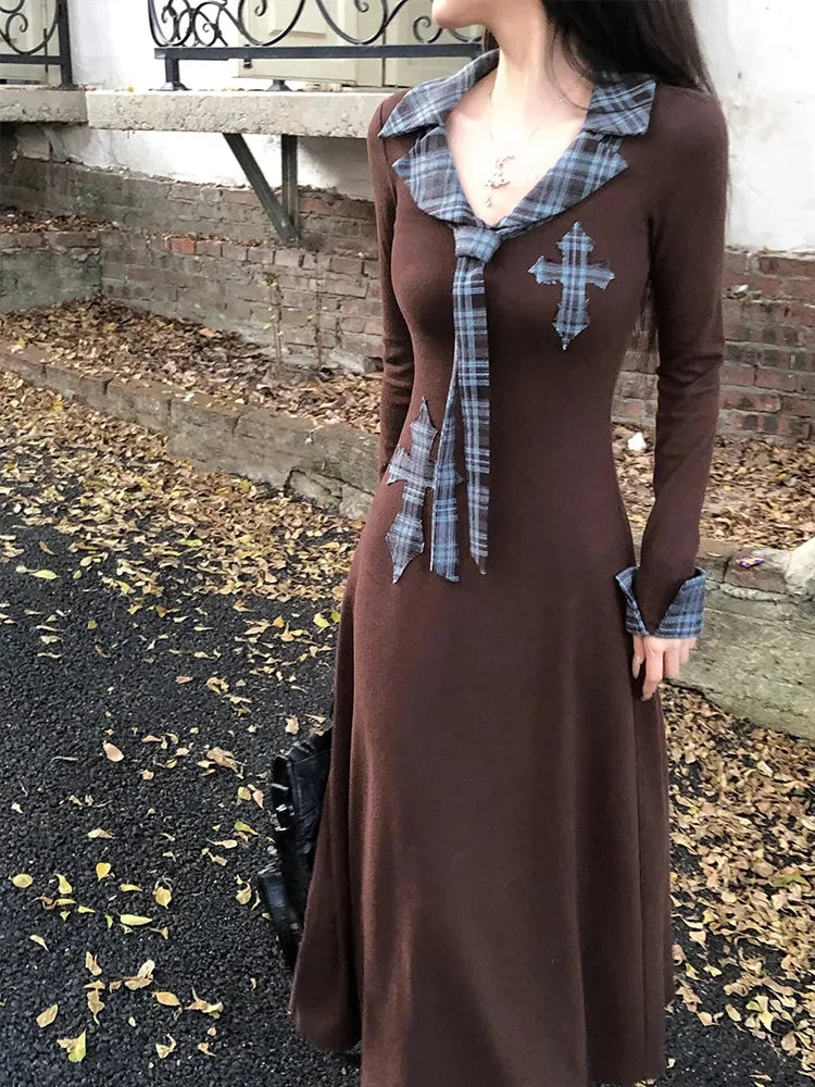 Hnewly Vintage Plaid Patchwork Midi Dress Autumn Korean Long Sleeve Lapel Casual Dress Y2K Elegant Hepburn Style Slim A Line Vestidos