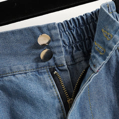 Hnewly  Classic Basic High Waist Blue Denim Pleated Skirt Women Elastic Loose Fashion With Buttons A-Line Streetwear Medium Length Dress