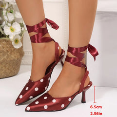 Hnewly  Polka Dot Satin Ankle Wrap Women Sandals Fashion Pointed Toe Singbacks Mules Shoes Elegant Wedding Party Ladies Dress Sandalias