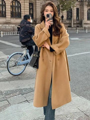 Hnewly Women Solid Lace Up Long Woolen Coat Korean Loose Fashion Double-breasted Lapel Female Autumn Winter Warm Lady Overcoats Popular