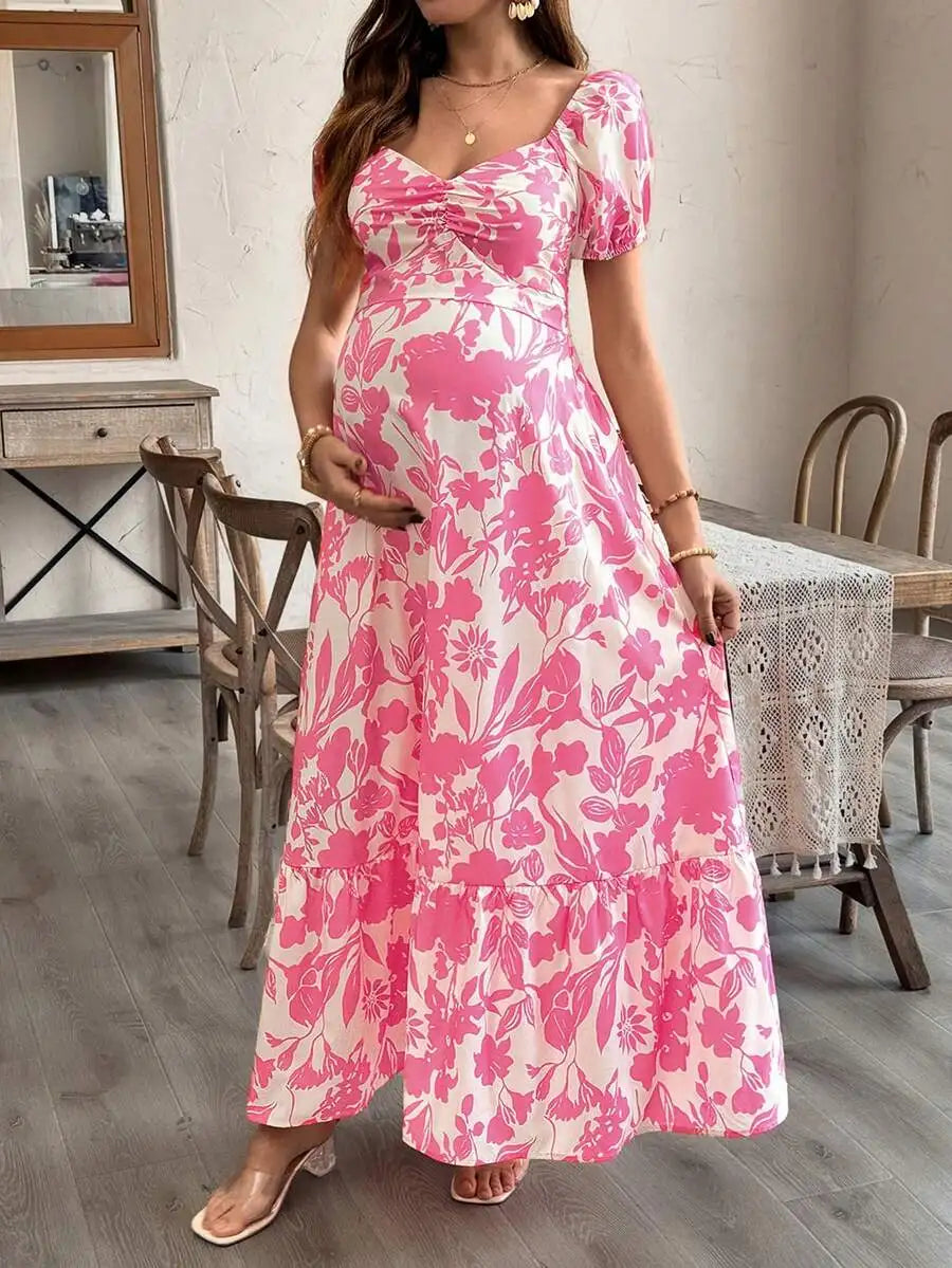 Hnewly  Maternity Floral Print Puff Sleeve Ruffle Hem Midi Dress