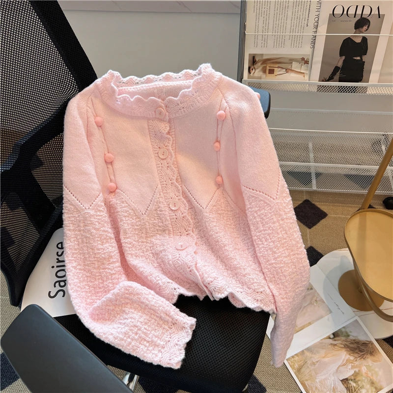 Hnewly  Korean Sweater Cardigan Women's Spring Autumn 2025 Versatile Soft Knitted Jacket Elegant Lace Single Breasted Long Sleeved Top