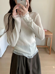 Hnewly  Women's Ribbed Knit Top with Lace Trim Long Sleeve O-neck Stretchy Fitted Shirt Pullovers Sweater Teen-girl Basic Outfit