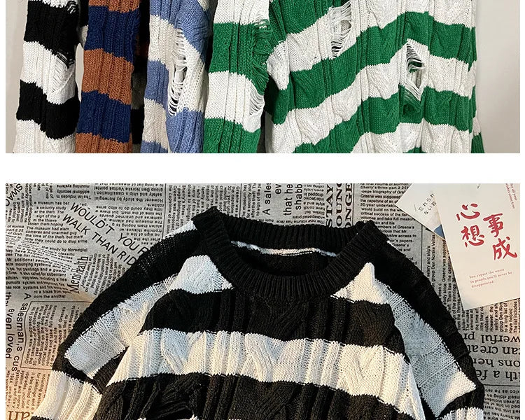 Hnewly  Women Striped Retro Knitted Sweater Spring Autumn Loose Versatile Pullover Casual Fashion Holes Round Neck Long Sleeved Top
