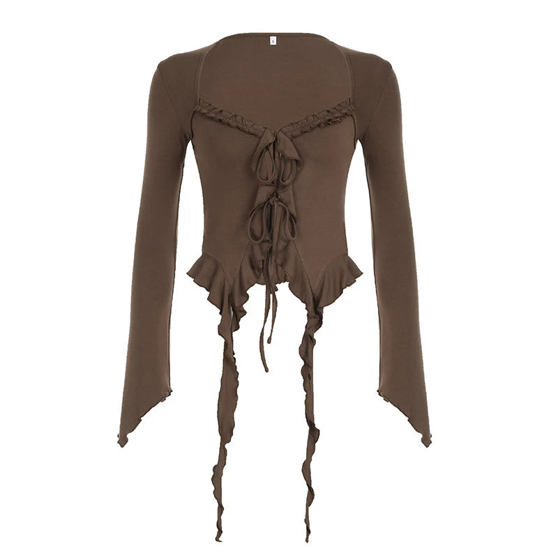 Hnewly 2025 spring fashion trend y2k Fairy Grunge Top Women Clothes Solid Color V Neck Flared Long Sleeve Ruffle Asymmetrical Hem T Shirt Streetwear