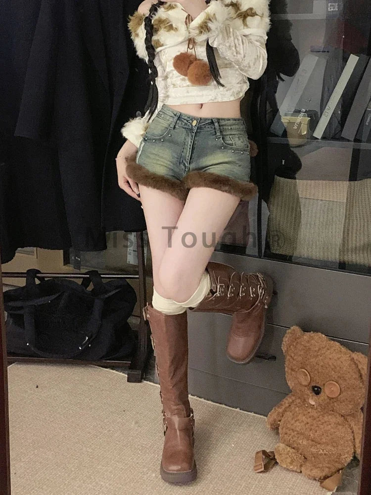 Hnewly winter club outfits American Y2k Hottie Blue Jeans Women's Spring Versatile Skinny Shorts Fashion Design Washed 2000s Fur Streetwear Slim Pants New