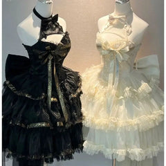 Hnewly  Gorgeous Lolita Gothic Style Ribbon Hanging Neck Slim Fit Black Mini Dress Women Romantic Bow Lace-up Princess Dresses