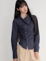 Hnewly  Vintage Slim Plaid Shirt Women Elegant Fall Long Sleeve Design Blouse Casual Preppy Style Female Retro Korean Sweet Tops