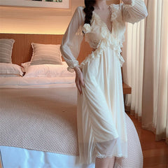 Hnewly Autumn Sexy Backless Long Fairy Dress Women Ruffles Chic Elegant Korean Style Dress Female Casual V-neck Mesh Lace Dresses