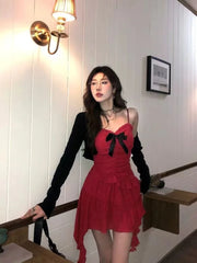 Hnewly  Sweet Ruffles Slim Waist Camisole Dress for Women+ Y2k Thin Long Sleeve Cardigan Coat Two Piece Sets 2025 Summer New