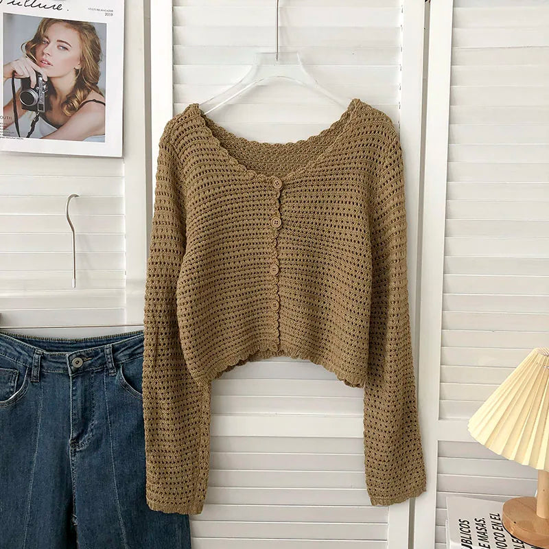 Hnewly  Crochet Cardigan for Women Sheer Openwork Knit Long Sleeve Button Up Crop Top Teen-girl Shrug Cardigan Autumn Spring Y2K Outfit