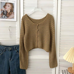 Hnewly  Crochet Cardigan for Women Sheer Openwork Knit Long Sleeve Button Up Crop Top Teen-girl Shrug Cardigan Autumn Spring Y2K Outfit
