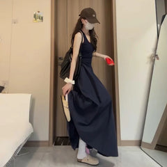 Hnewly  Blue Svel Maxi Dr Women's Summer Beach Vaion High Waist A-Line Gown Korean mat Sle Casual Long Dr