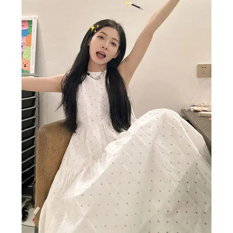 Hnewly  Woman Dress Preppy Style Polka Dot Sleeveless Loose Summer Fashion Sweet Elegant Princess Female Dresses Casual