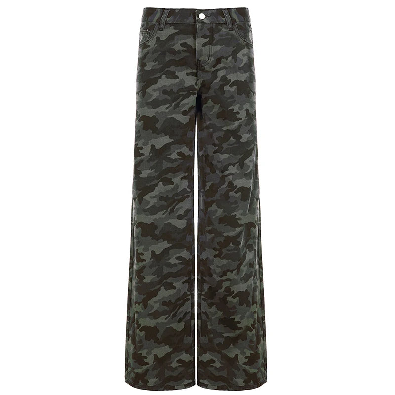 Hnewly  Retro Camouflage Casual Jeans Y2k Streetwear Low Waisted Denim Pants Aesthetic 90s Wide Leg Trousers Fashion All-match