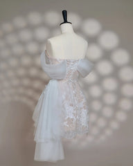 Hnewly  Off Shoulder Floral Lace Wedding Gown Ruched Wrap Skirt Side Tulle Sash Lace Up Back Mini Short Bridal Evening Dress