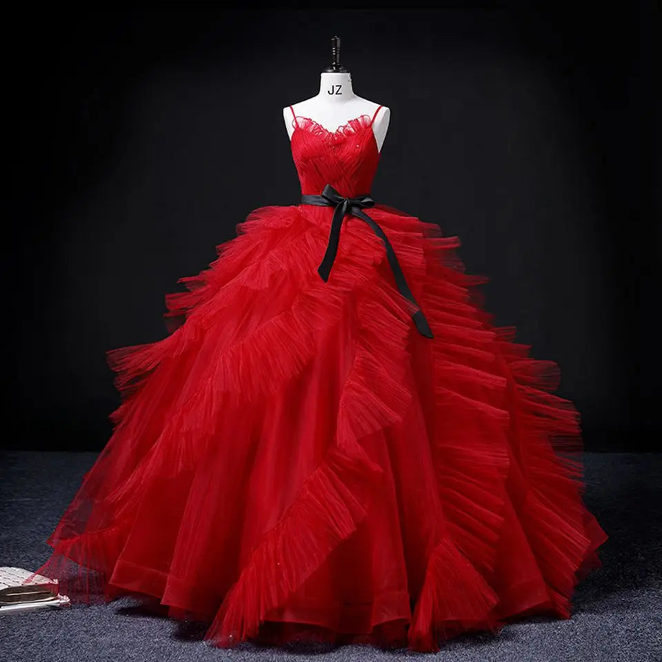 Hnewly  New Arrival Red Tulle Ruffles Sweetheart Evening Dresses Spaghetti Straps Quinceanera Prom Gown With Sashes