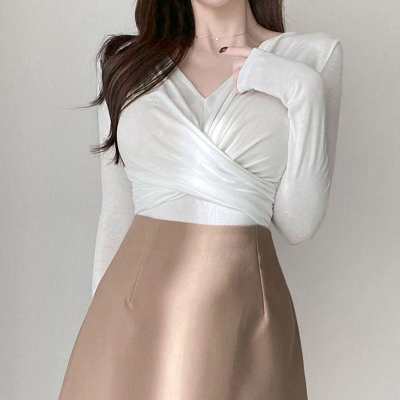 Hnewly V-neck WOMENGAGA Thin Long Sleeve Wine Red Cross Short Top Autumn Slim High Waist Sexy Base T Shirt Undershirts tees Women W9SJ