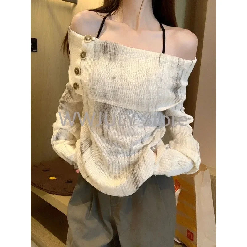 Hnewly Y2k Off Shoulder Women Sweater Korean Style Long Sleeve Knit Pullovers Harajuku Slash Neck Jerseys Slim Autumn Vintage