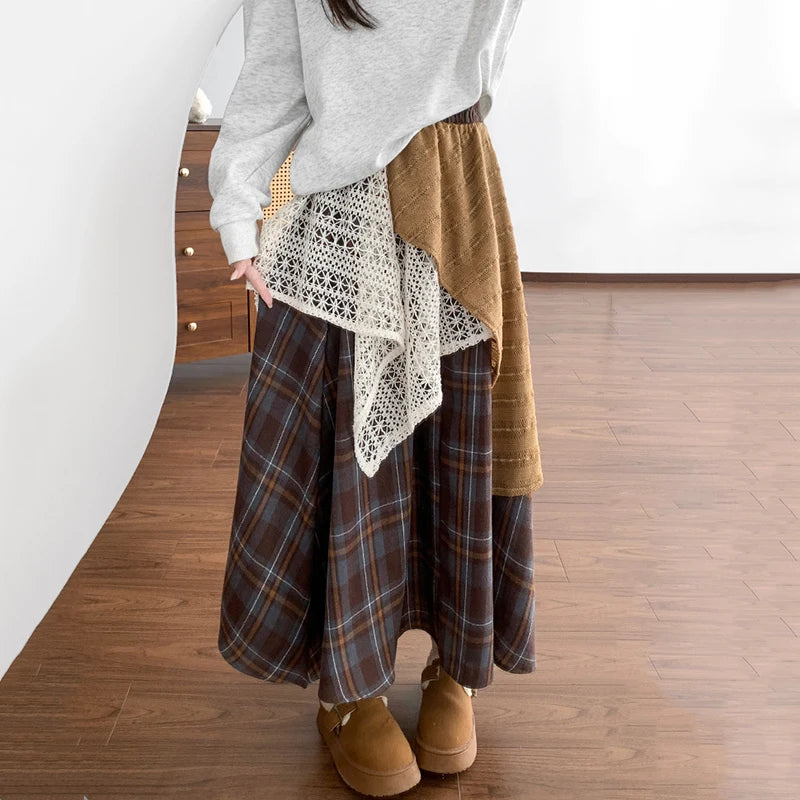 Hnewly  Design Irregular Lace Patchwork Plaid Skirts Women Fashion High Waist Pleated Long Skirt Woman Chic Umbrella Skirt Female