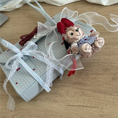 Hnewly  Japanese Y2K Bow Underarm Bag Womens Soft Leather Handle Baguette Ladies Large Capacity Blue Lace Shoulder Bag Handbag