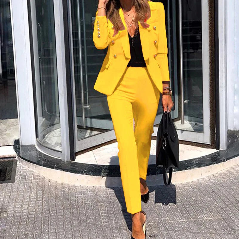 Hnewly 2 Pieces Set Women Turn-down Coat Pants Suit Business Style Long Sleeve Commute Trousers Set Top Casual Office Outfit