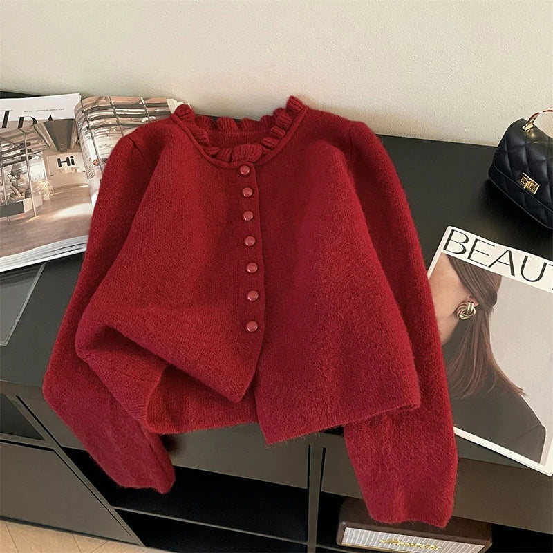 Hnewly Sweet Ruffles Women Cardigan Autumn New Solid Single-Breasted Crop Sweater Korean Fashion Simple Elegant Knit Coats Mujer