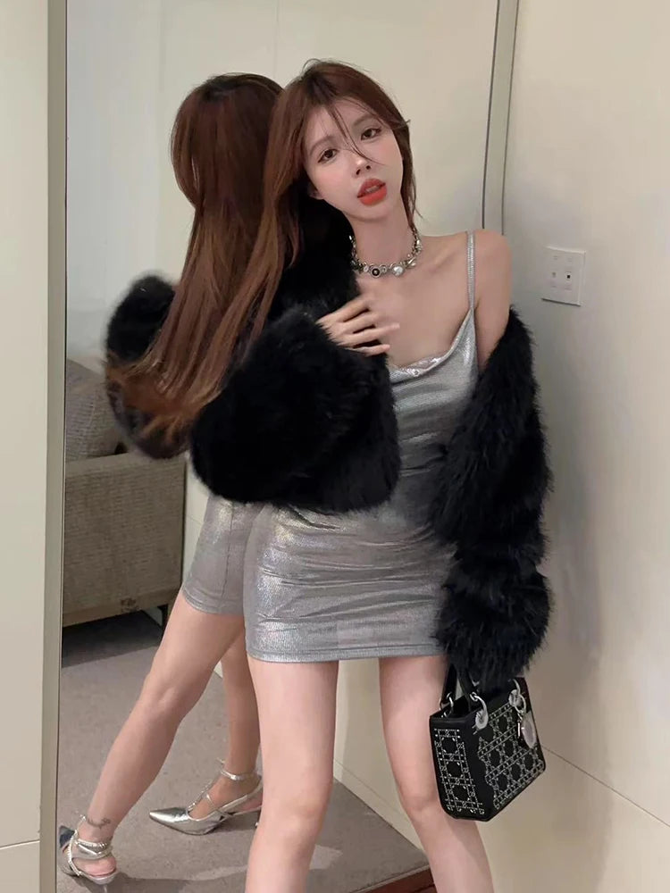 Hnewly Sexy Slim Shiny Camis Mini Dress Women Y2K Fashion Hot Girls Pile Collar Tight Dress Korean Streetwear Party Club Vestidos New