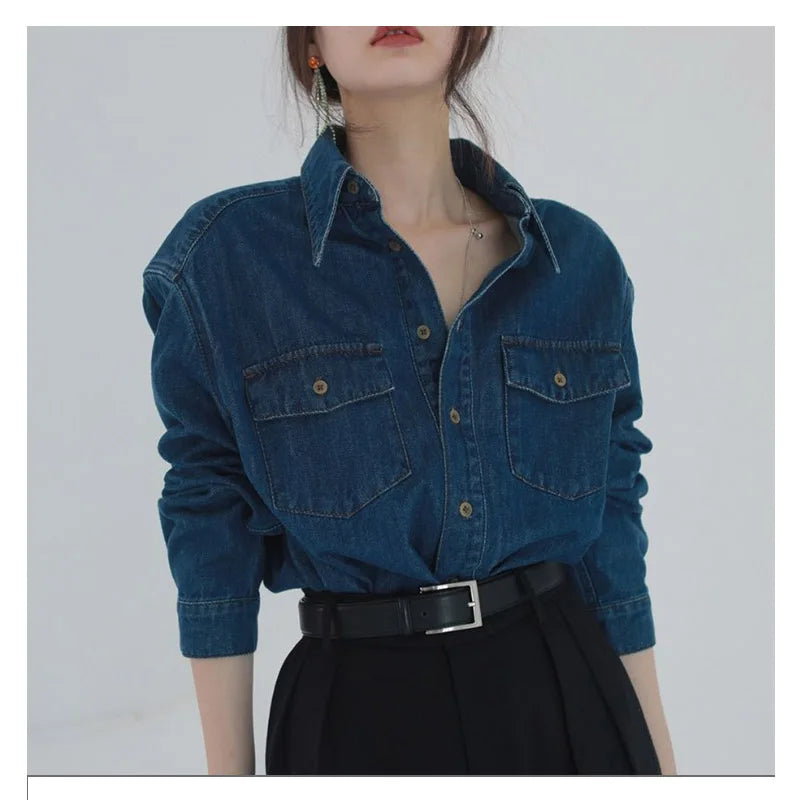 Hnewly  Women Denim Shirt Long Sleeve Polo -Neck French Retro Spring Autumn New Korean Style Slim Washed Denim Coat Femal Casual Shirt