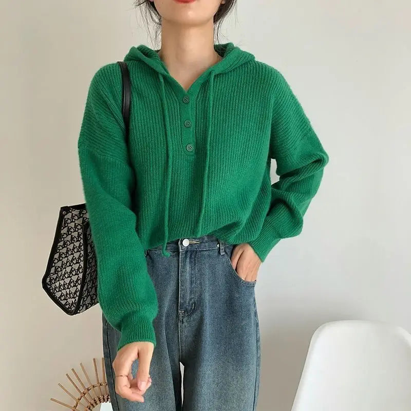 Hnewly  Hooded Sweater for Women Loose Button Front Long Sleeve Rib Knit Pullovers Hoodie Fall Winter Teen-girl Casual Chic Outfit