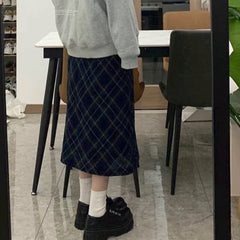 Hnewly  Plaid Midi Skirts Women Casual A-line Chic All-match High Street Elegant Vintage Mujer Jupe European Style Classic Sexy Clothing