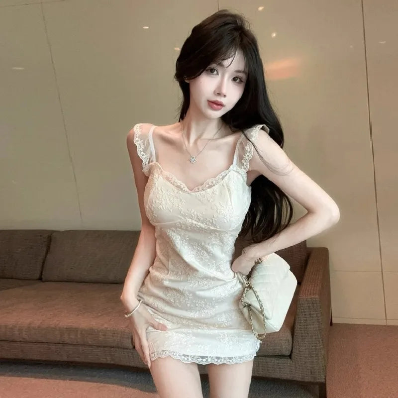 Hnewly  Women Dress Sleeveless Lace Patchwork Slash Neck Slim Elegant French Style Chic Party Mini Dresses Female Fashion