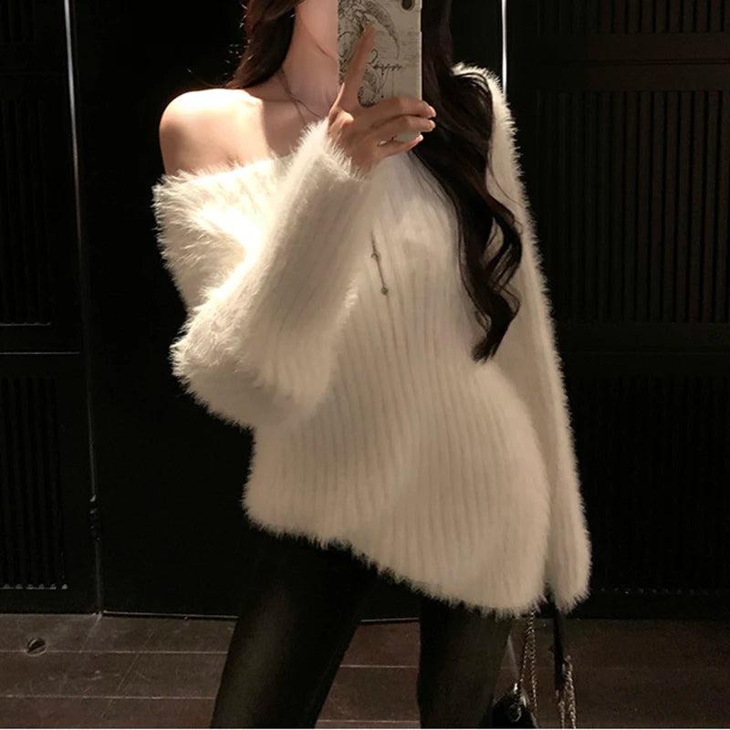 Hnewly  Fuzzy Knit Sweater for Women Soft Fluffy Boat Neck Tunic Tops Fitted Rib-knit Plain Jumper Female Autumn Winter Basic Outfit