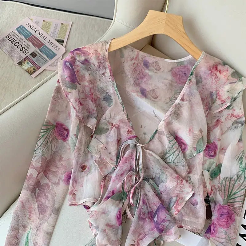 Hnewly Frenched Ruffled Deep V Neck Floral Printed Short Blouses Flared Long Sleeve Mesh Sheer Lace Up Elegant Women Summer Tops Shirts