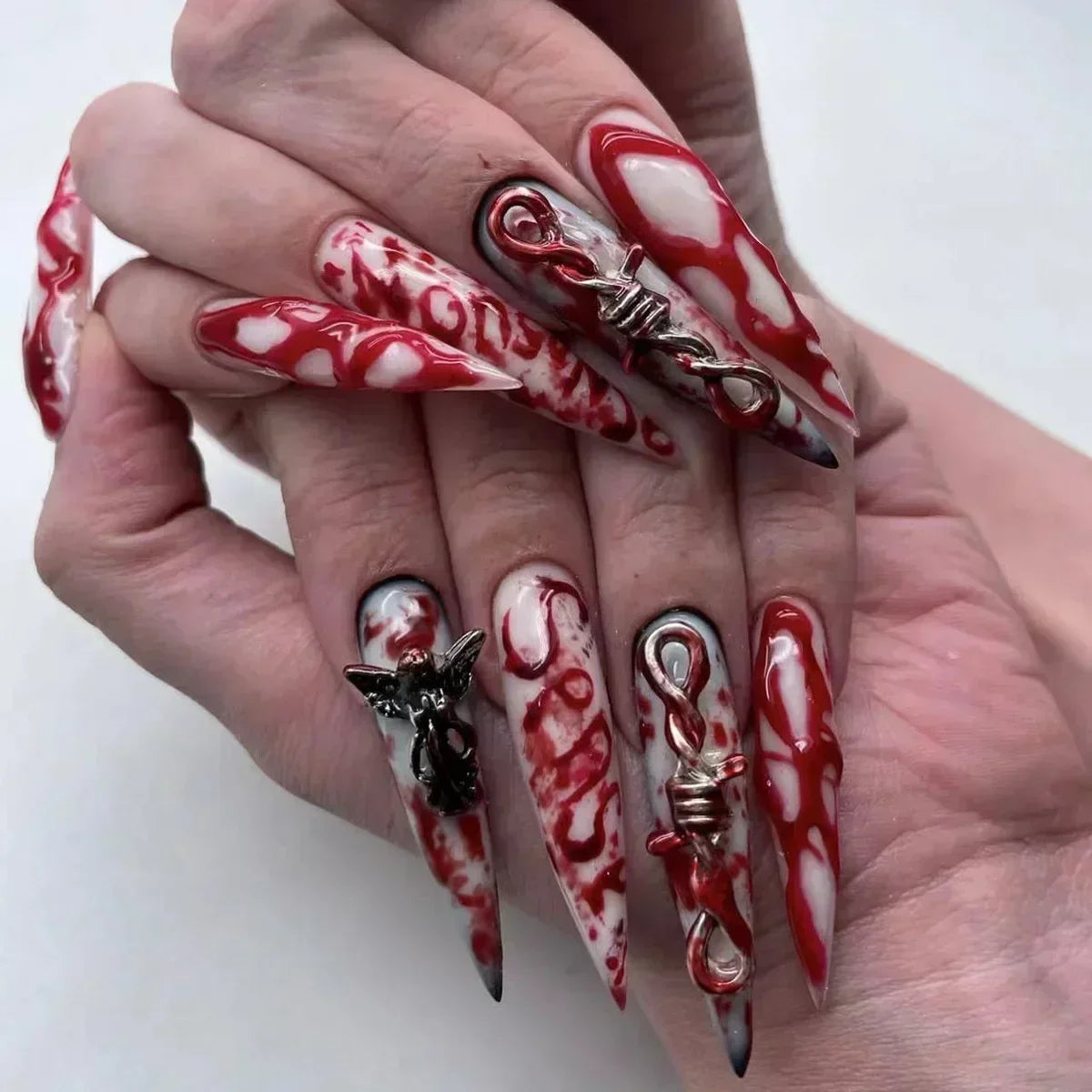 Hnewly 24Pcs French Almond False Nails Glitter with Rhinestones Wearable Fake Nails Artificial Simple Full Cover Press on Nails Tips