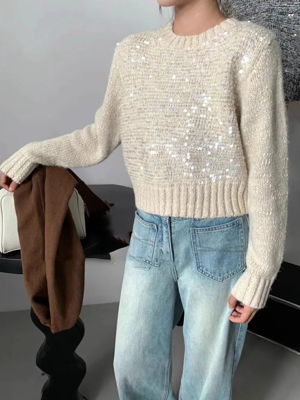 Hnewly  Fashion Sequin Short Sweater for Women's Spring Autumn New Soft Knitted Top Pullover Casual Round Neck Loose All-matched Top