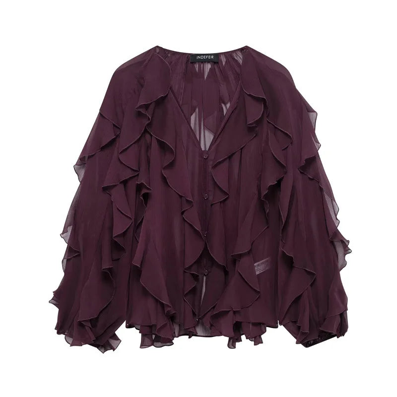 Hnewly Fashion Women Stacked Lotus Leaf Edge Blouse Casual Long Sleeve V Neck Mesh Sheer Loose Shirt New Style Female Commute Top