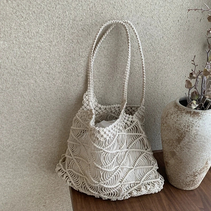 Hnewly  Women Handmade Cotton Rope Woven Shoulder Bag Hollowed Out Beach Vacation Tote Handbag