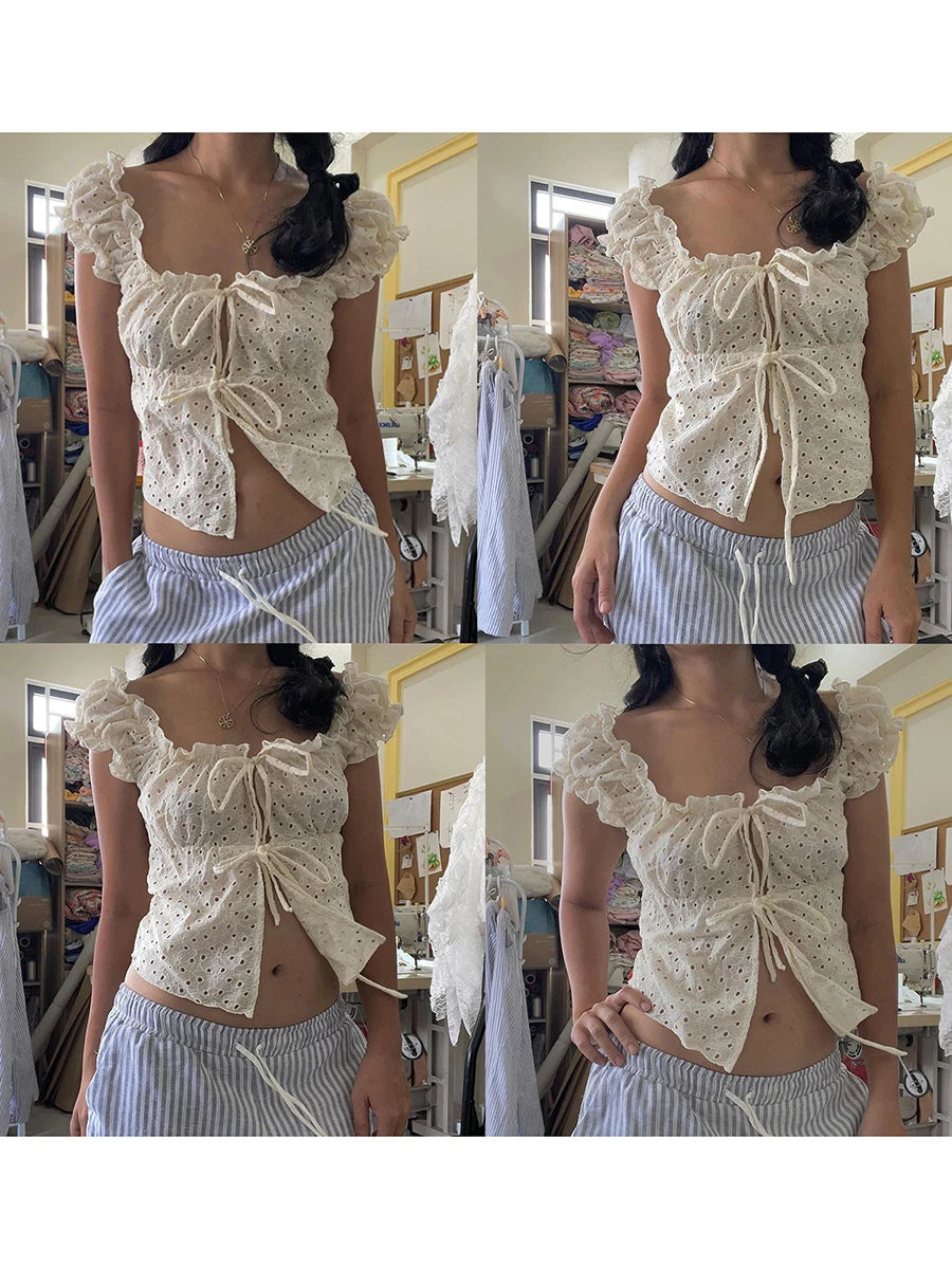 Hnewly y2k Tank Top Women Coquette Clothes Ruffle Trim Hollow Out Square Neck Sleeveless Tie Up T Shirt 2000s Vest Streetwear