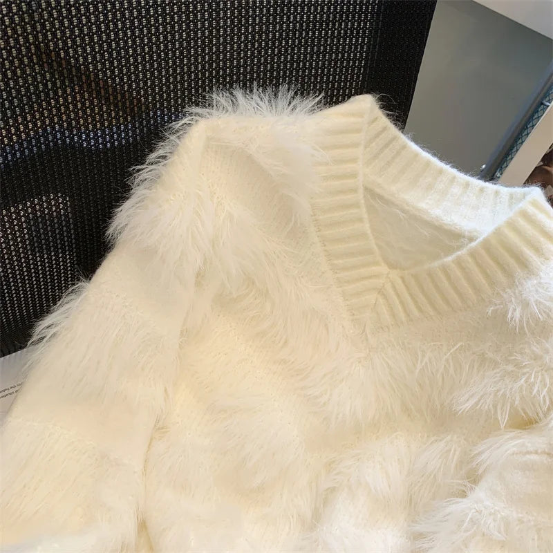 Hnewly  Imitate Mink Sweater for Women's Spring Autumn New Loose Long Sleeved Pullover Knitted Top Korean Slim V-neck Short Sweaters